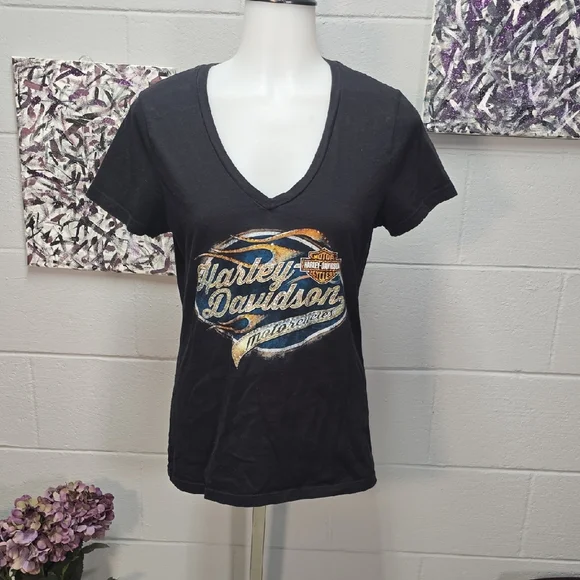 Harley-Davidson Women's Black V-Neck Tee with Graphic Logo - Picture 1 of 11